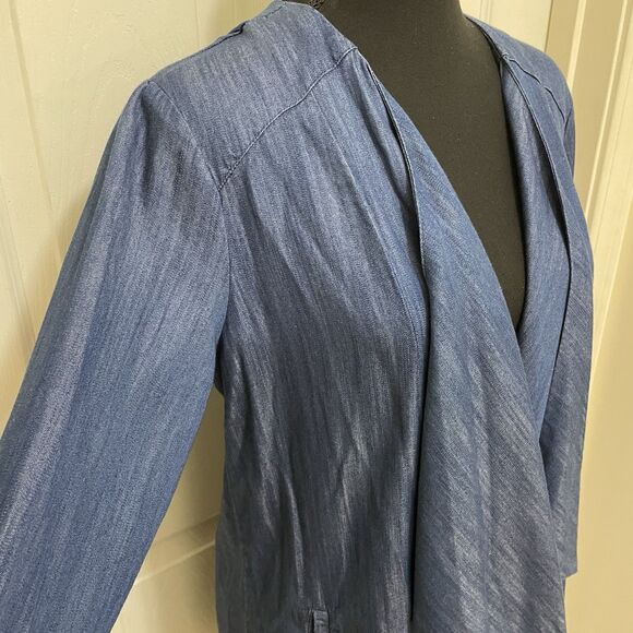 Jaclyn Smith Open Front Waterfall Cardigan‎ Chambray Faux Denim Dark Blue Small - Picture 4 of 9
